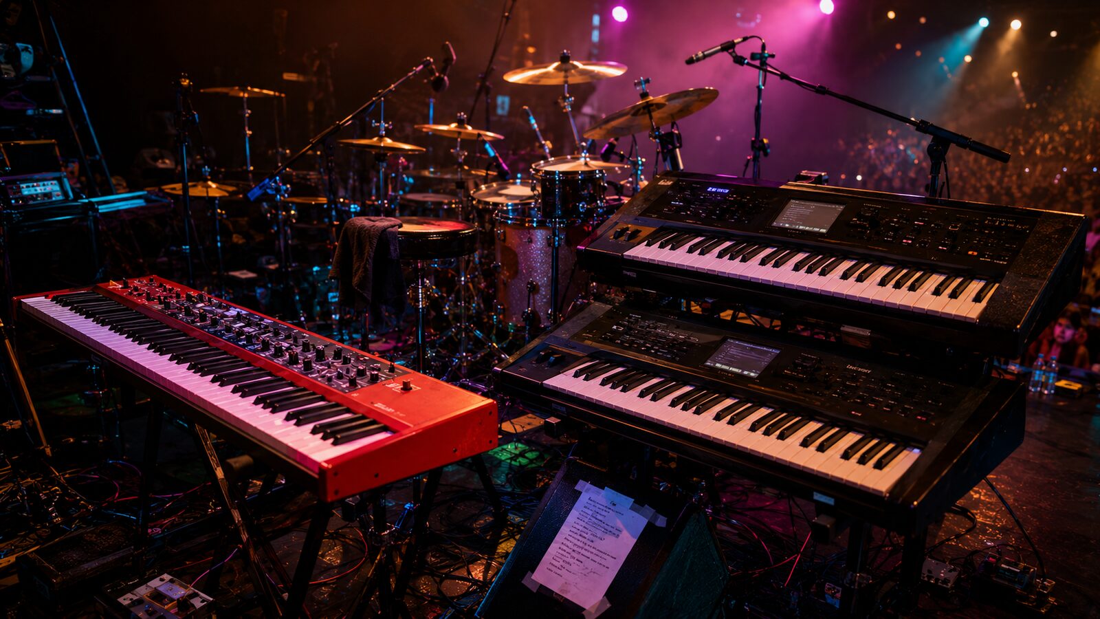 Stage-side keyboard and drum rig with Nord Stage, Korg Kronos, and colorful stage lighting