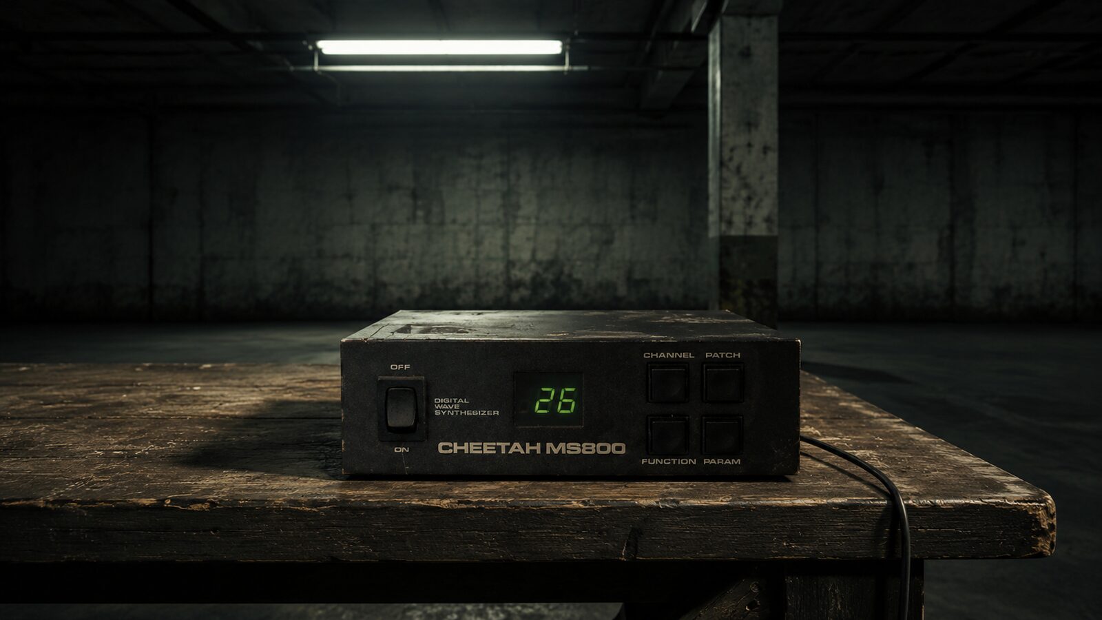 Cheetah MS800 digital wave synthesizer on a wooden table in a concrete warehouse