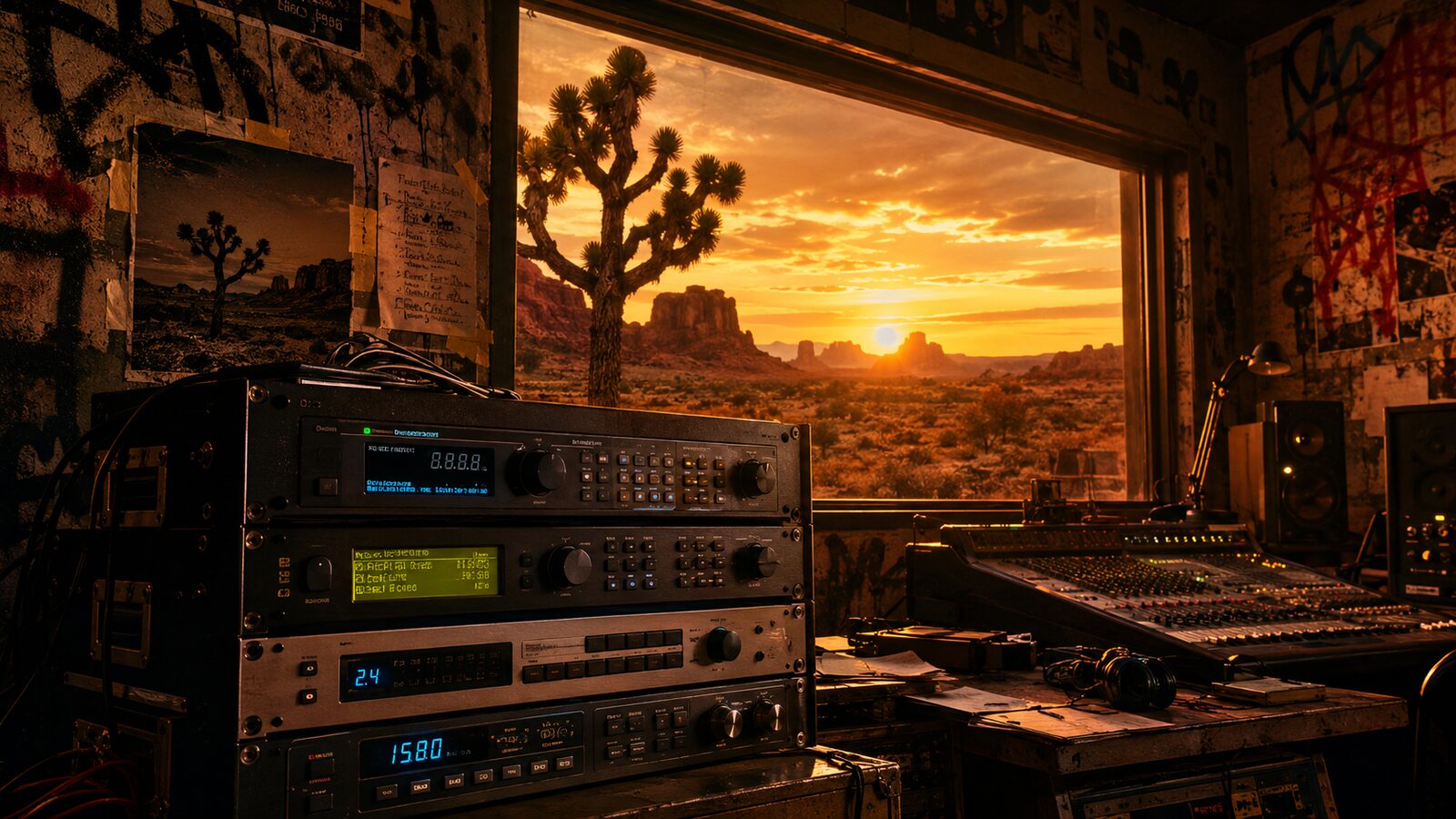 1966 recording studio control room with outboard gear and desert light through the window