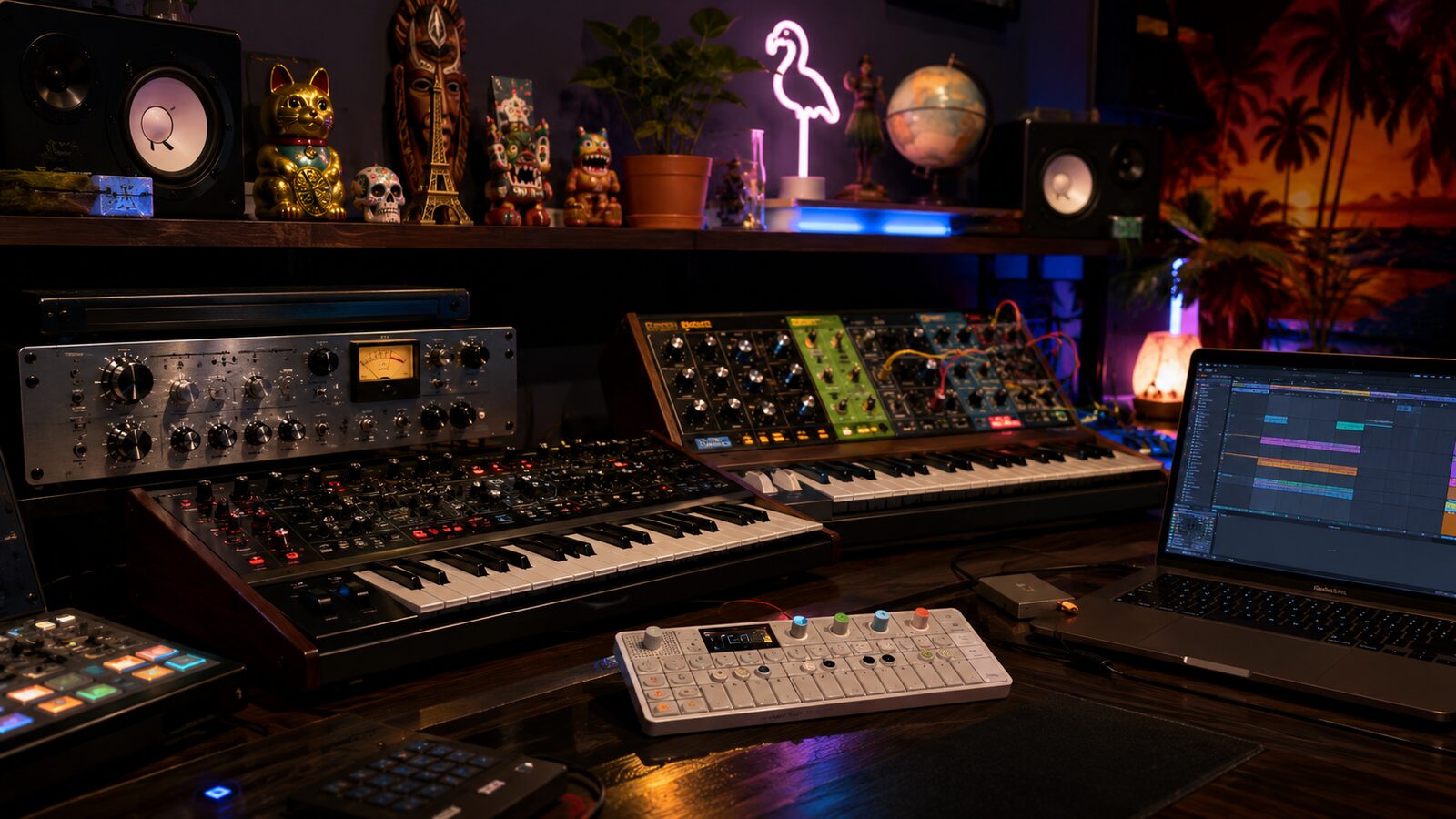 Modern producer studio with synthesizers, OP-1, Ableton Live, and neon accents