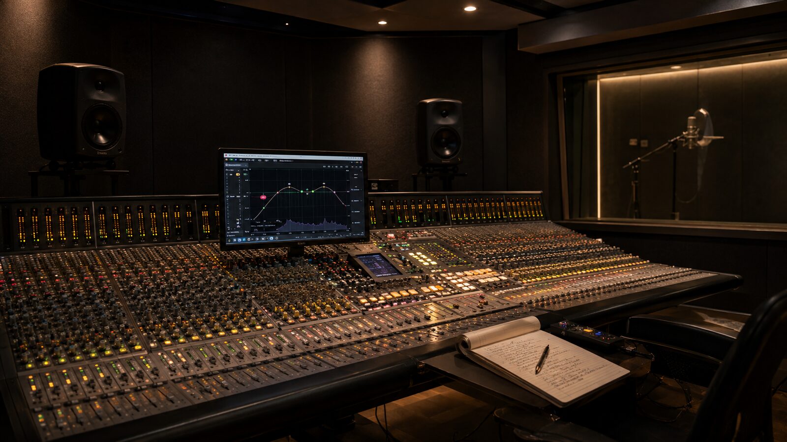 SSL mixing console with EQ plugin display in a professional studio control room