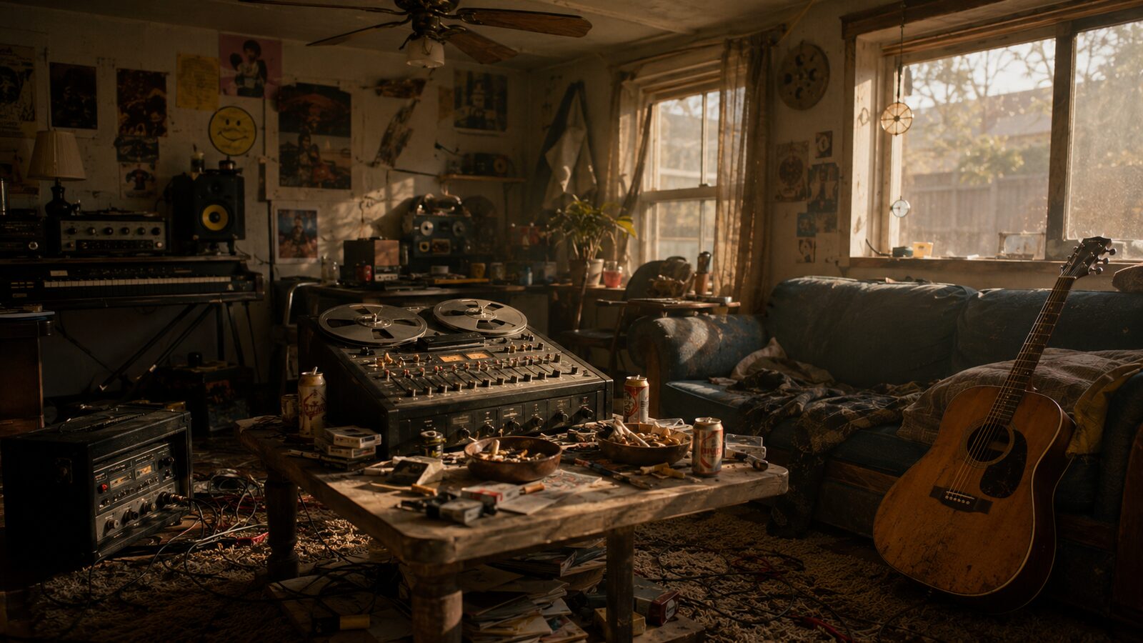 Messy living room studio with Tascam reel-to-reel, Roland Space Echo, beer cans, and acoustic guitar