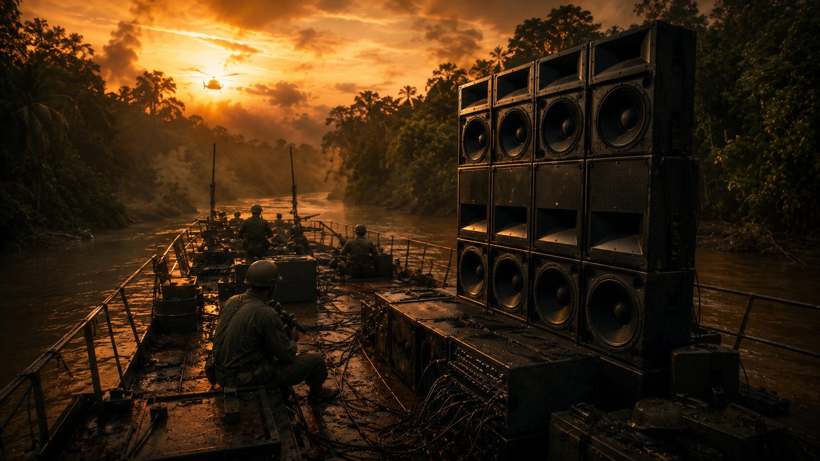 Massive speaker stack on a military river barge at sunset with jungle canopy and helicopter silhouette