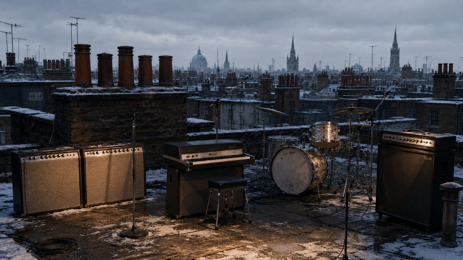 Amplifiers and instruments on the Apple Corps rooftop, 1969