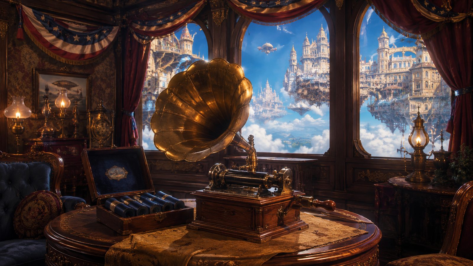 Edison cylinder phonograph with brass horn in an ornate parlor room with clouds visible through arched windows
