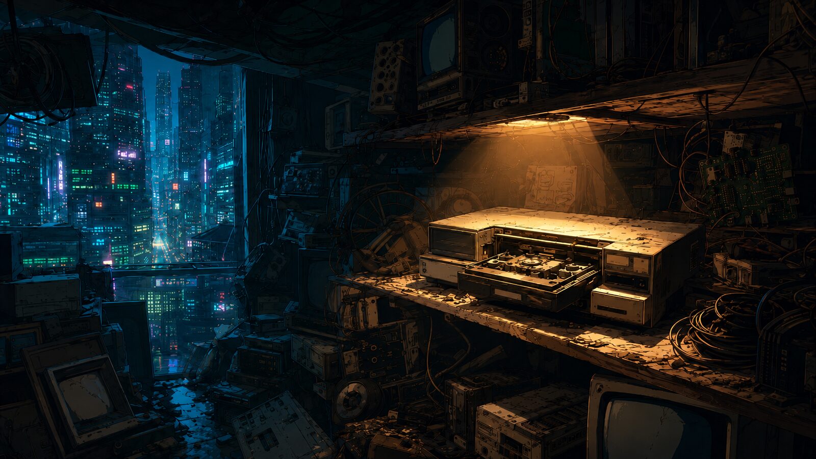 Sony Betamax player illuminated in a futuristic junk shop