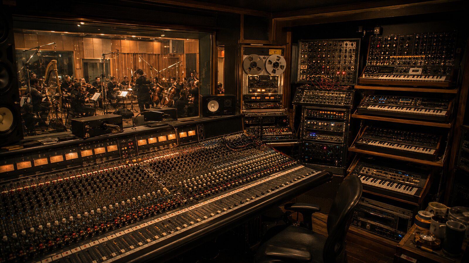 World-class studio control room with Neve console, Studer tape machine, Moog modular synthesizers, and orchestra visible through glass