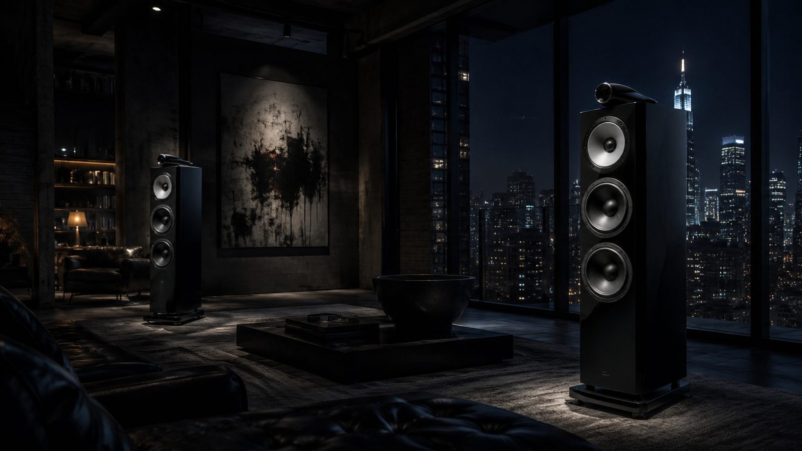 Dark penthouse with tall Bowers & Wilkins speakers and dramatic lighting
