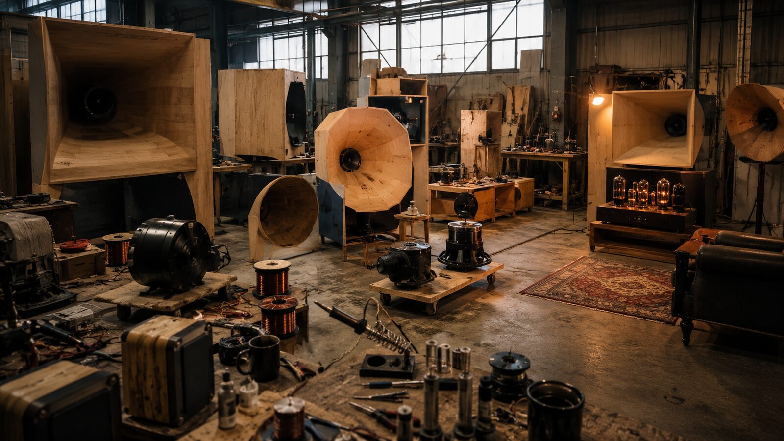 Devon Turnbull Ojas workshop with handcrafted horn loudspeakers in Brooklyn Navy Yard