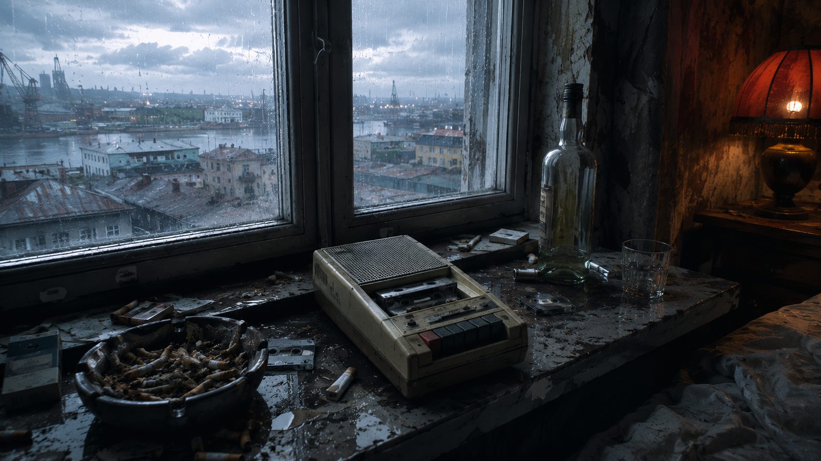 Battered Soviet-era portable cassette recorder on a rain-soaked windowsill in a decaying European hotel room with harbor city visible through dirty window