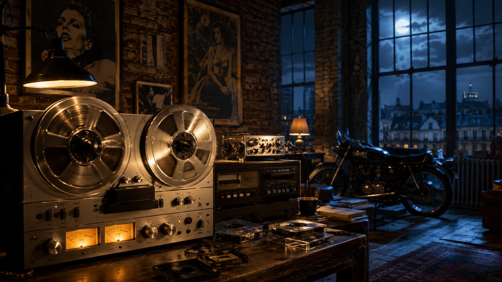 Cinematic scene of a Parisian loft with Revox reel-to-reel and recording equipment