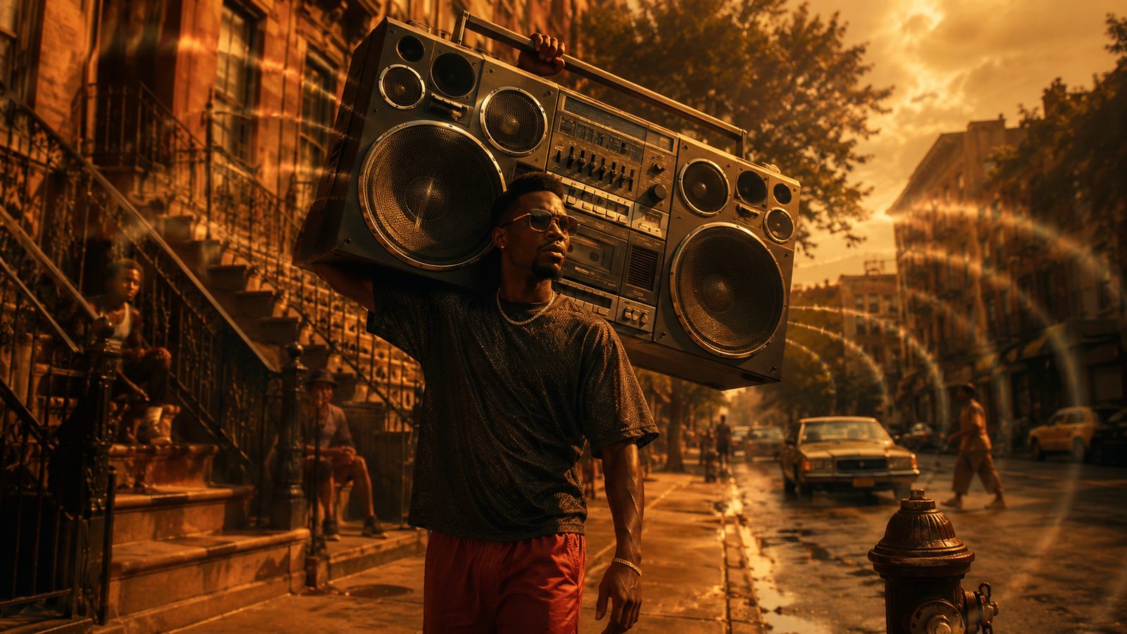 Radio Raheem walking through Brooklyn with the Tecsonic J-1 Super Jumbo boombox