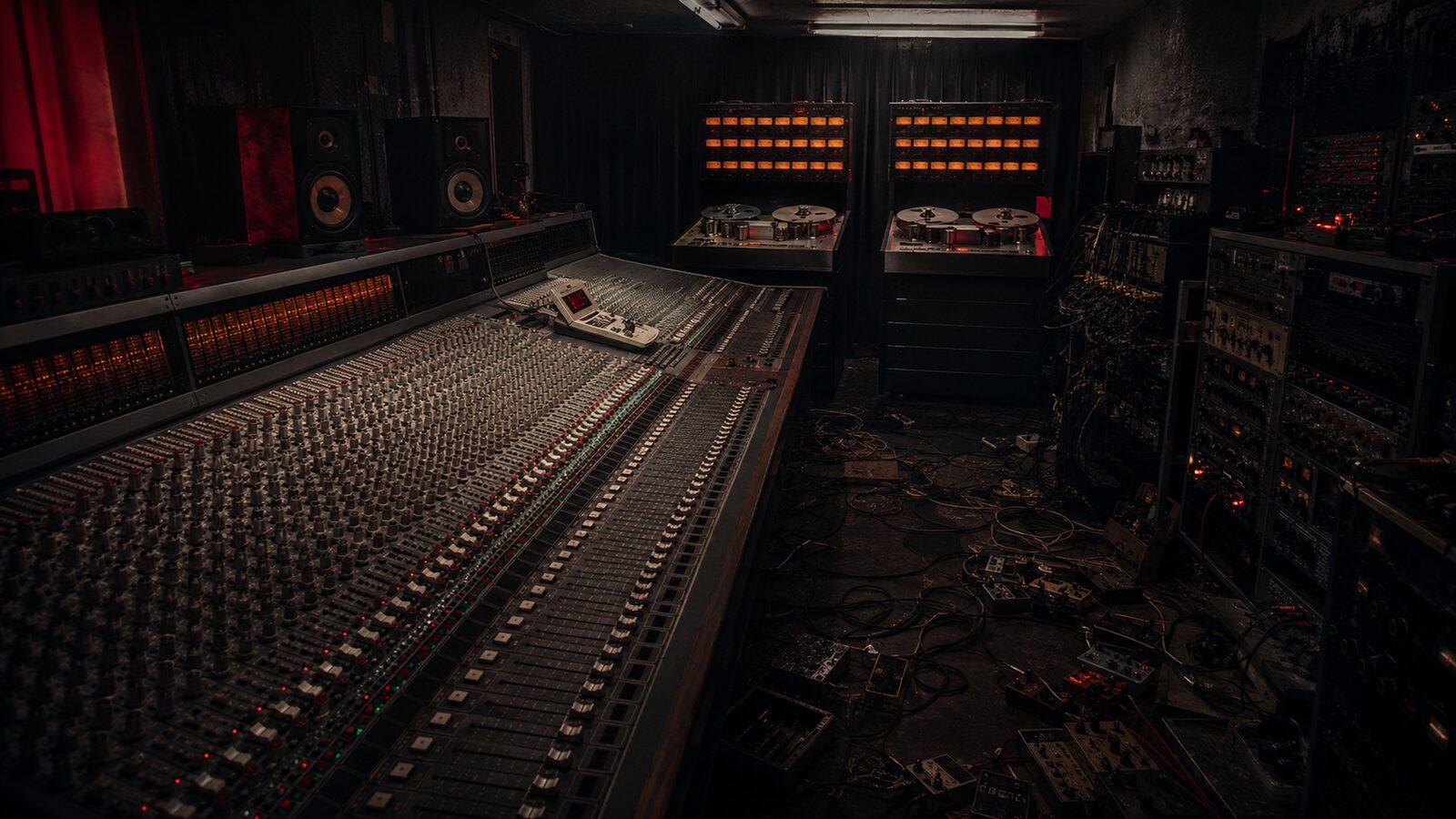 Dark oppressive studio with massive mixing console and Studer tape machines