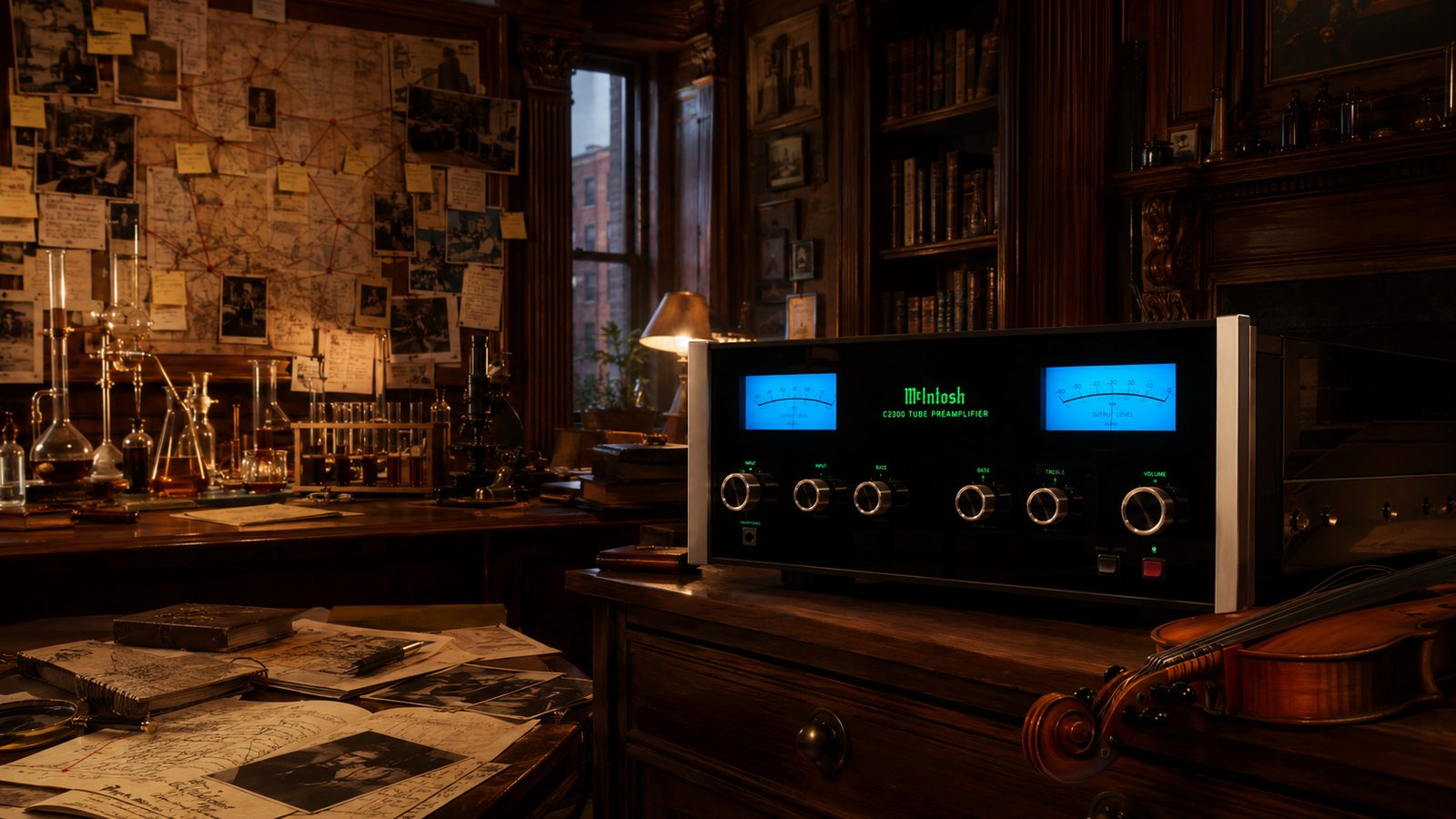 Victorian brownstone with McIntosh C2300 preamplifier among detective paraphernalia