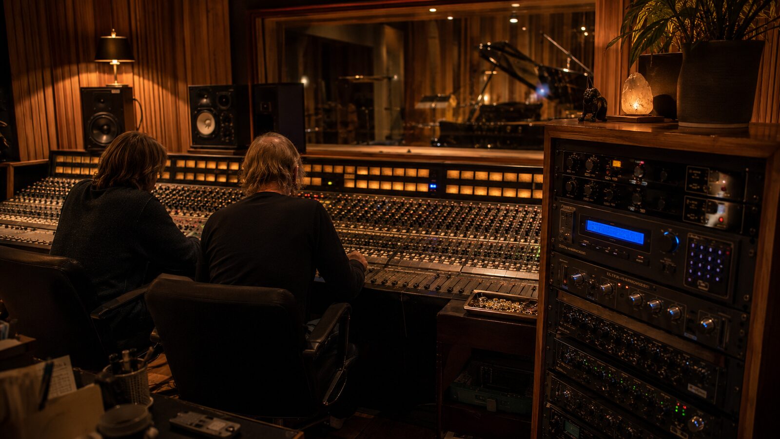 Eventide H3000 Ultra-Harmonizer in a studio rack with two collaborators at a mixing console