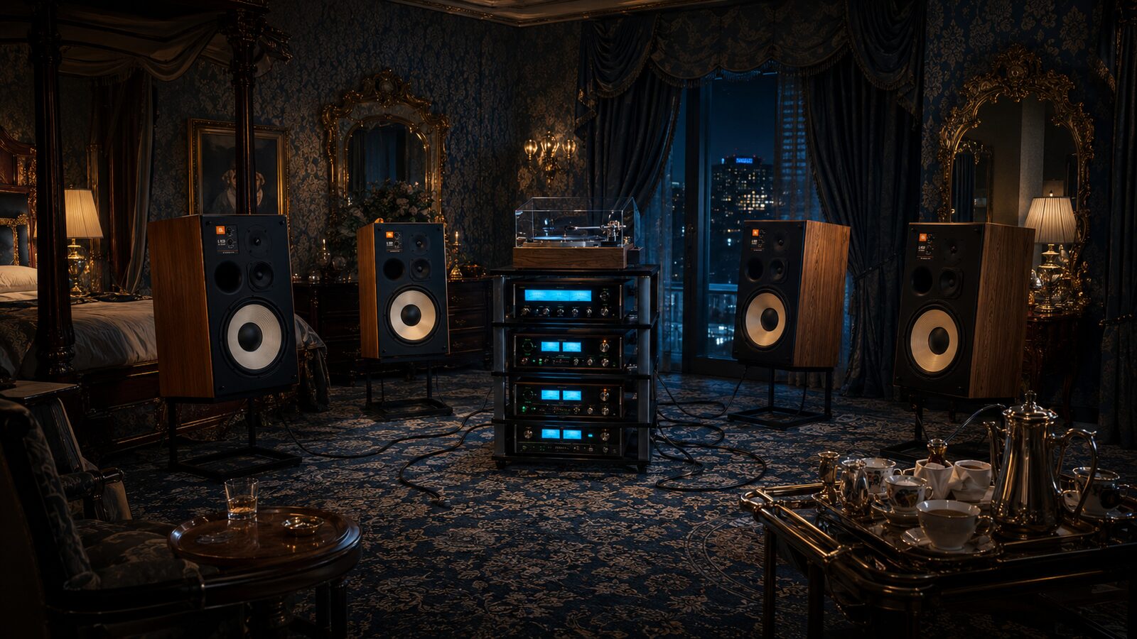 Ornate hotel suite filled with JBL speakers and McIntosh amplifiers