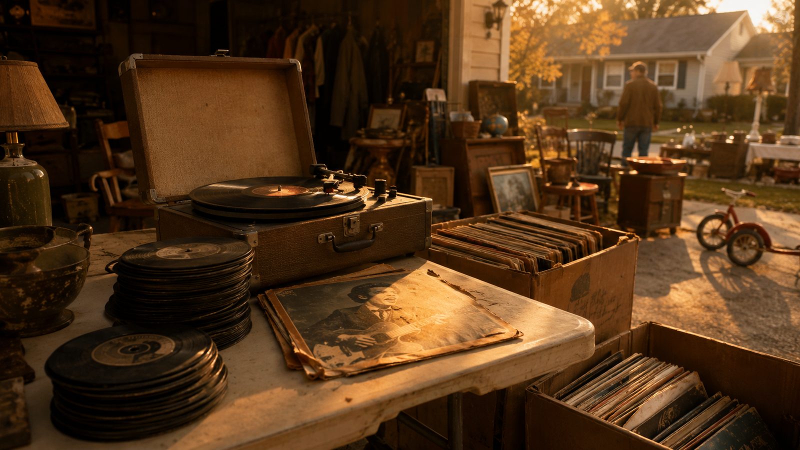Garage sale turntable and 78 RPM records from Ghost World
