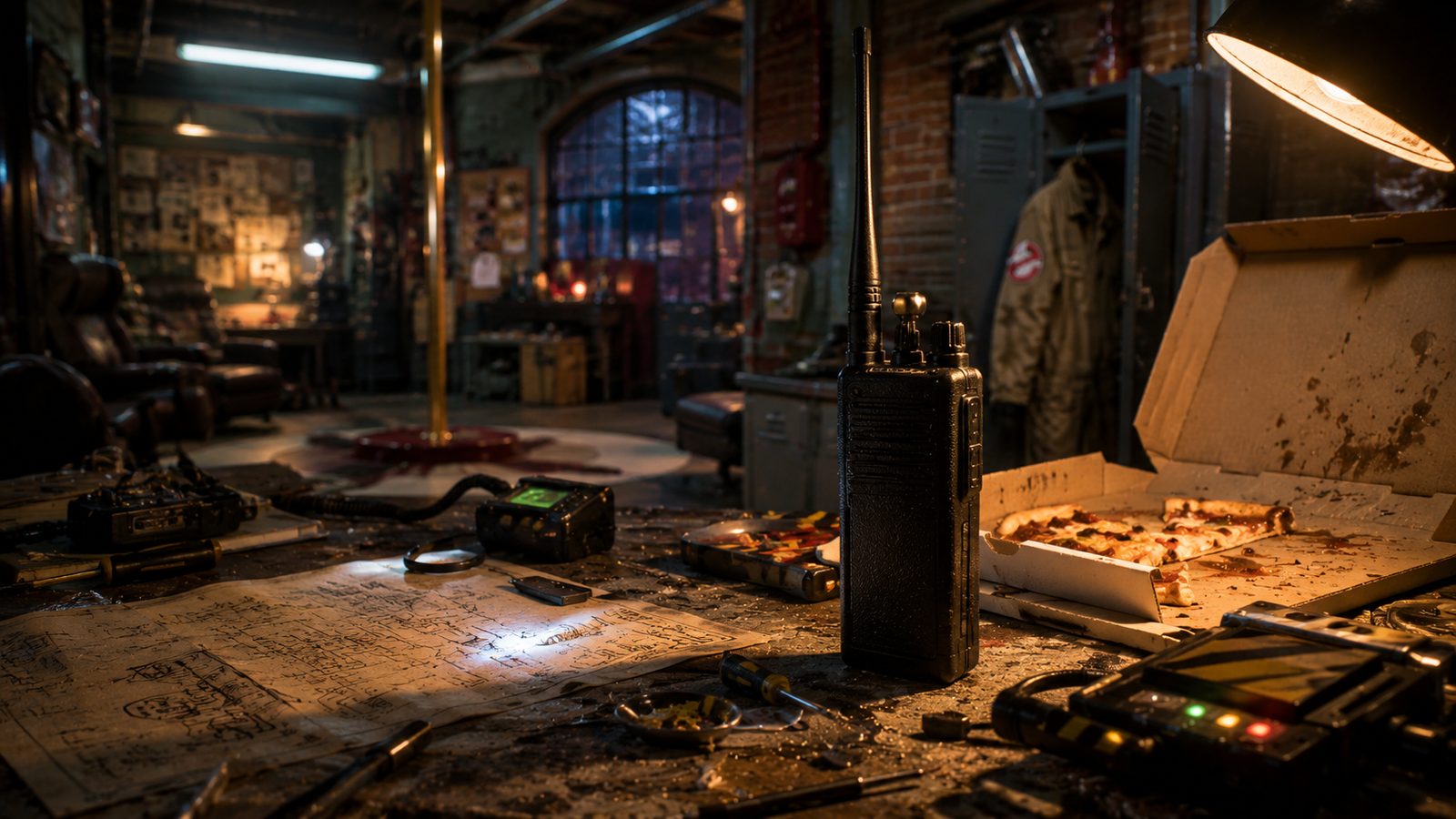 Motorola HT220 handheld radio on a cluttered workbench in a converted firehouse with blueprints and pizza