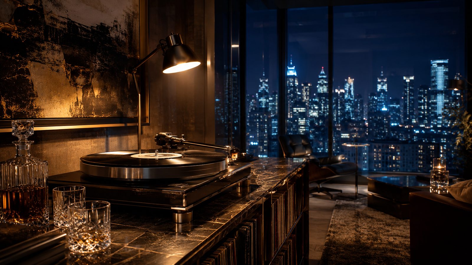 Luxurious penthouse with a high-end turntable on a marble console