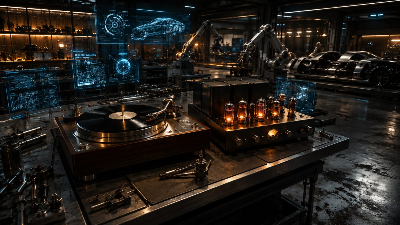 Tony Stark's turntable and tube amplifier in his workshop from Iron Man