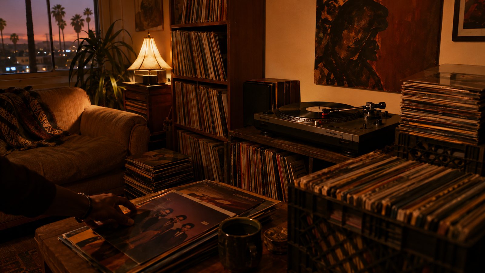 Vinyl record collection and turntable from Jackie Brown