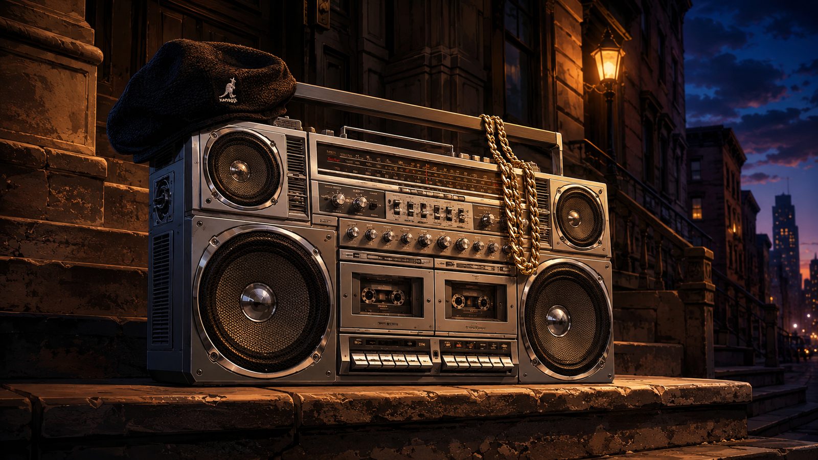 JVC RC-M90 boombox on a New York City stoop