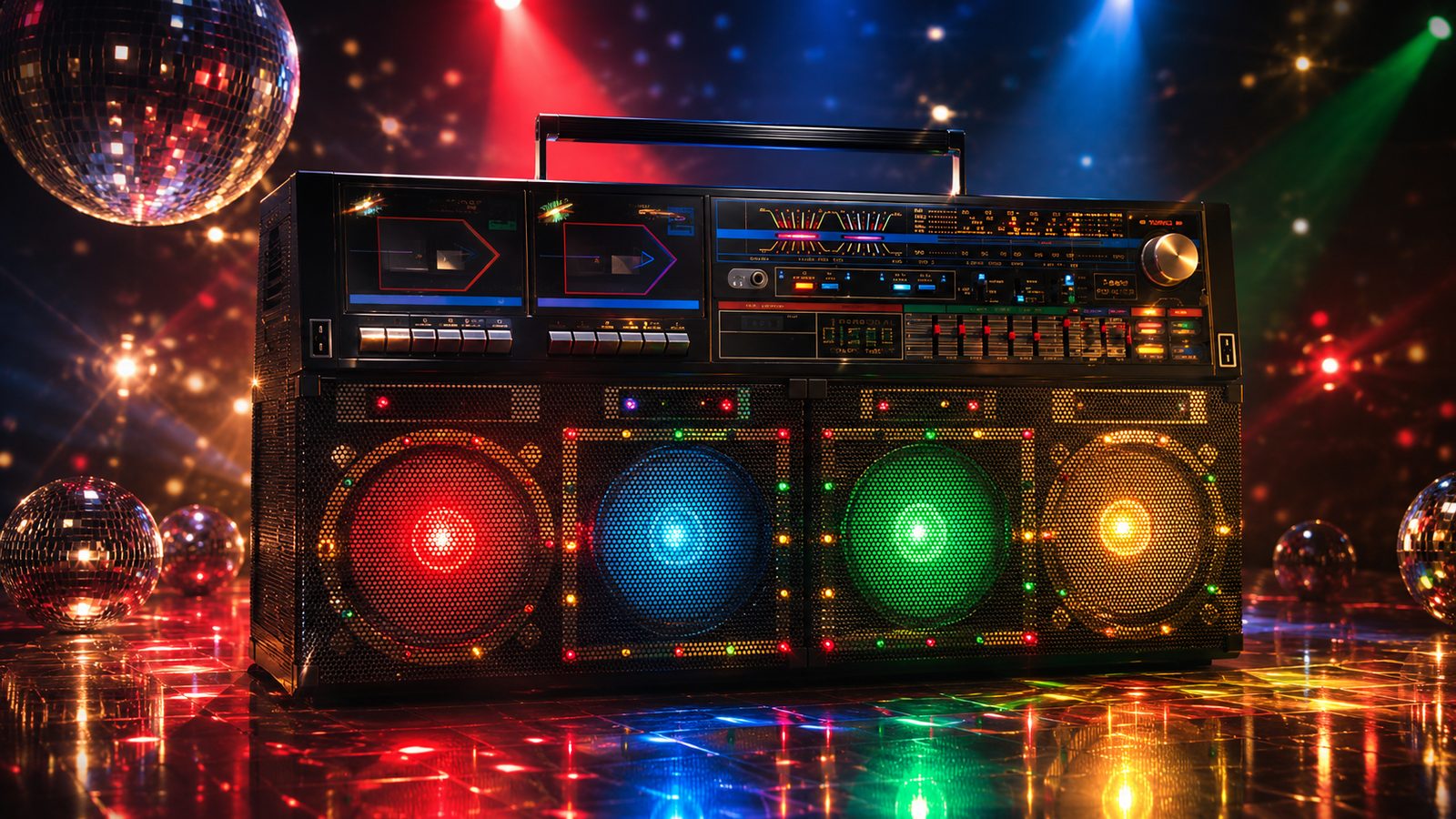 Vela Discolite DK-990R boombox with glowing disco lights on a dance floor