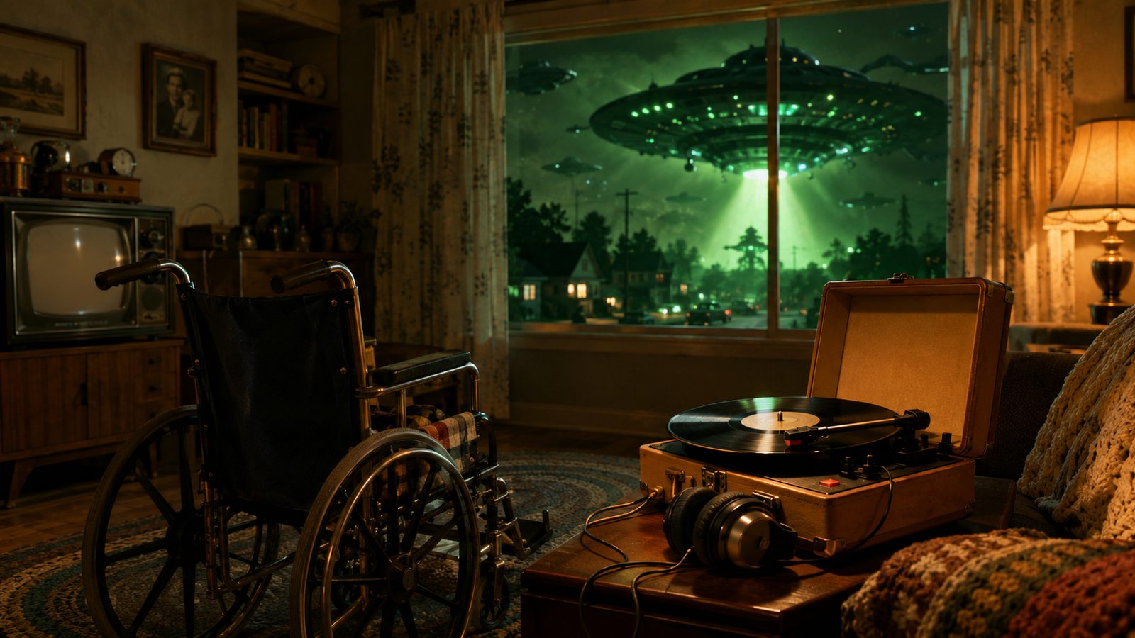 Portable turntable in living room with alien spacecraft visible through window from Mars Attacks