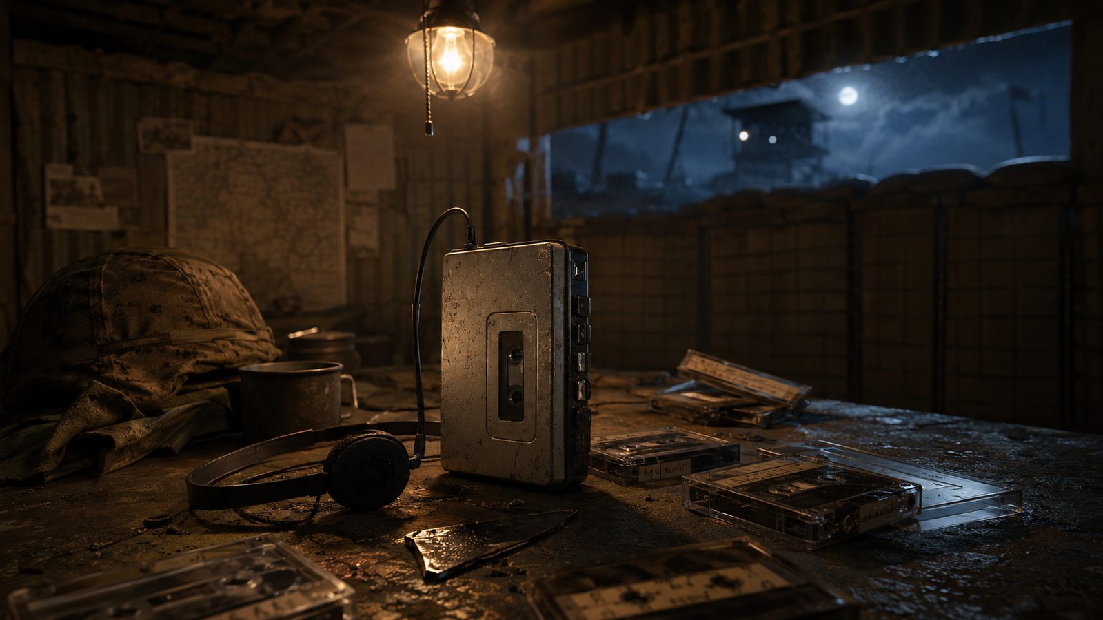Camouflage Sony Walkman W252 sport headset on a jungle crate with tactical maps and binoculars