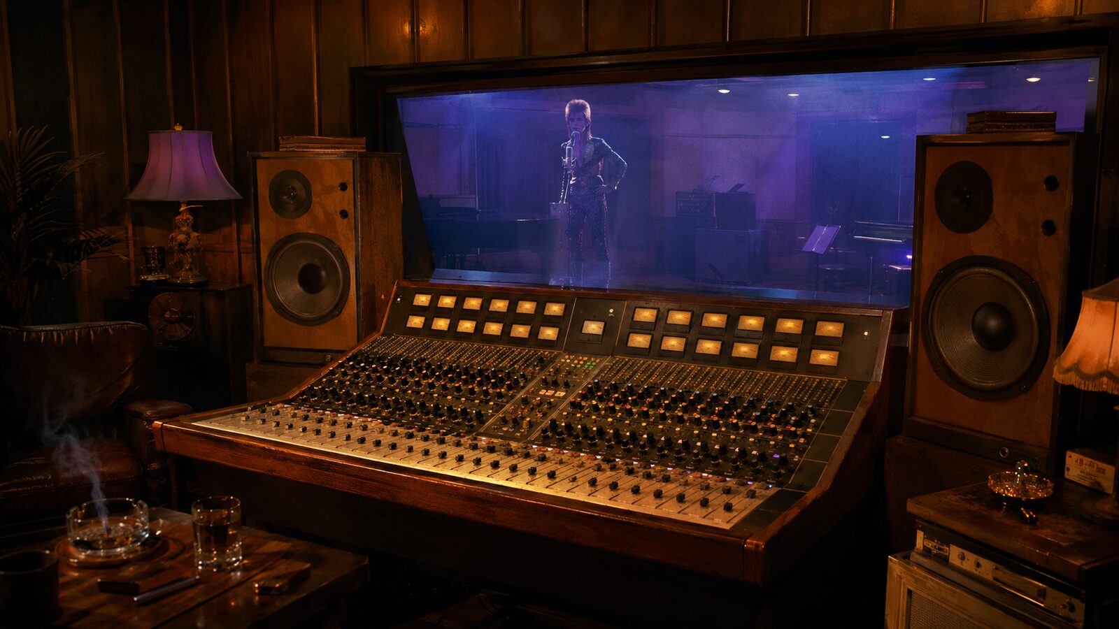 Trident A-Range console in a 1970s London studio with performer visible through glass