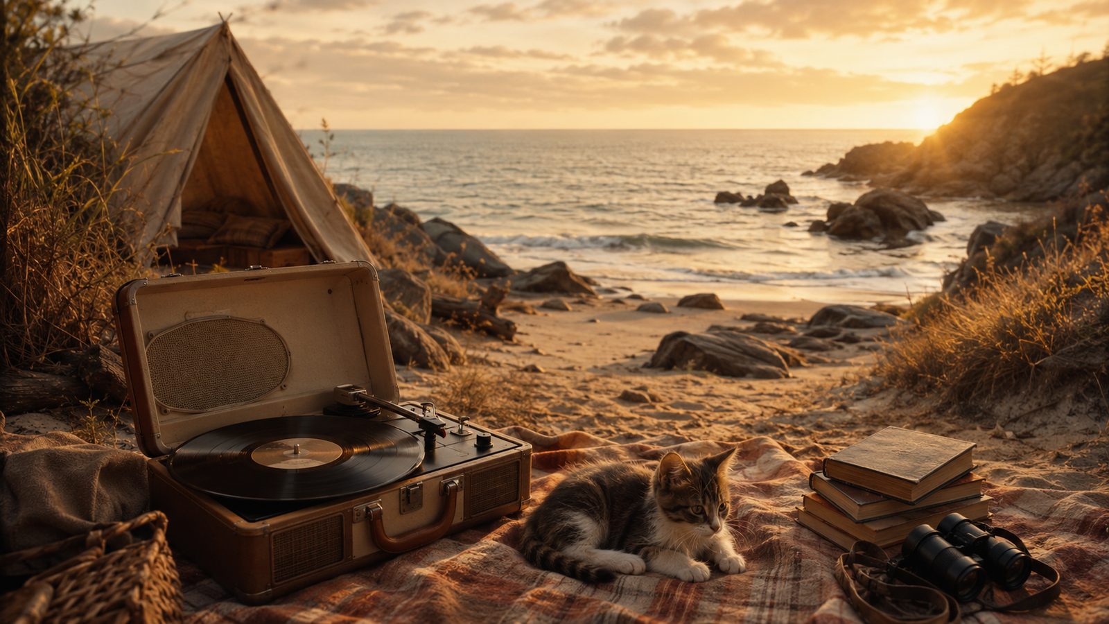 Portable record player on beach blanket with kitten from Moonrise Kingdom