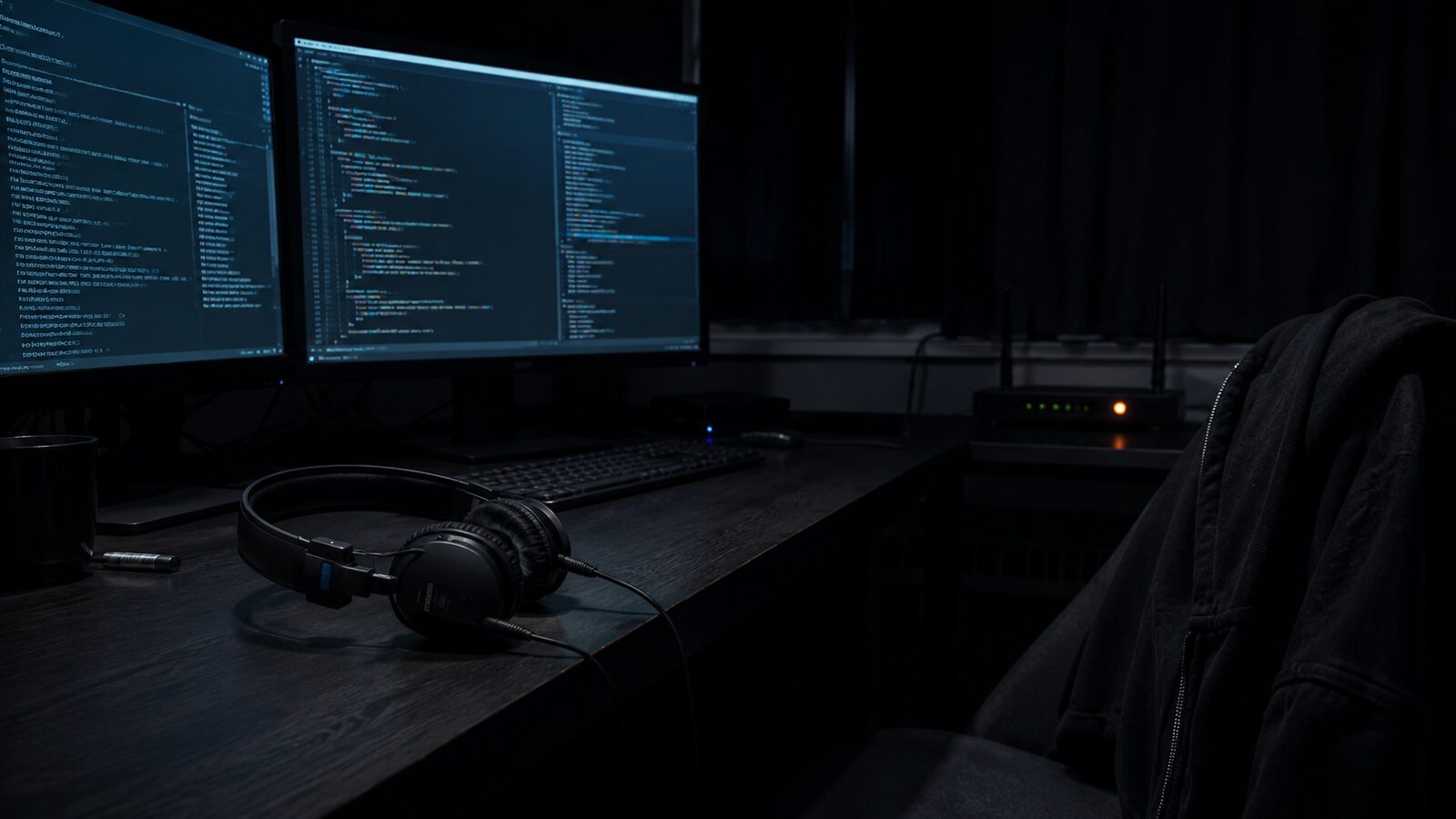 Sennheiser HD 25 headphones on a desk next to monitors showing code
