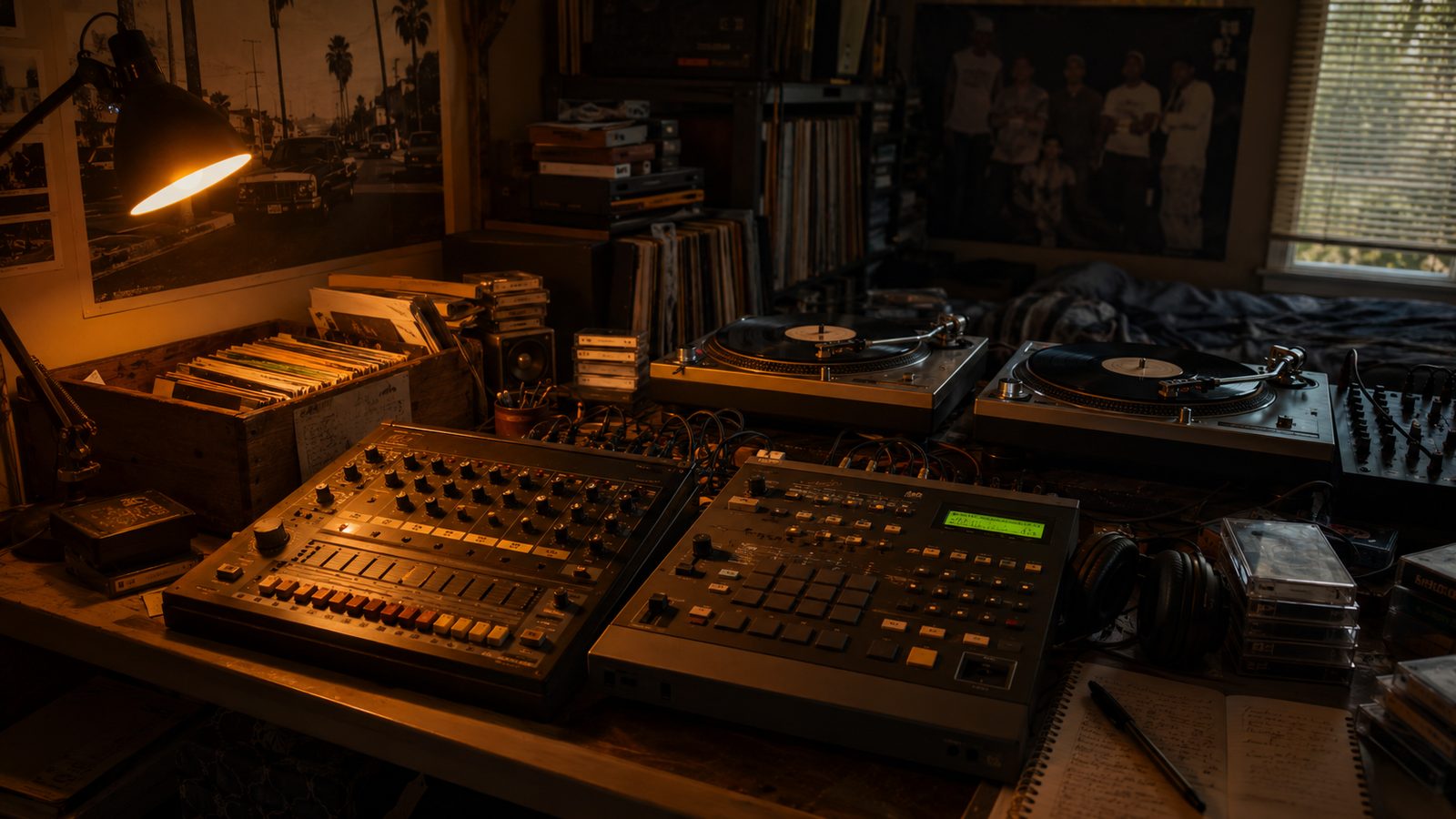 N.W.A production setup with Roland TR-808 and E-mu SP-1200