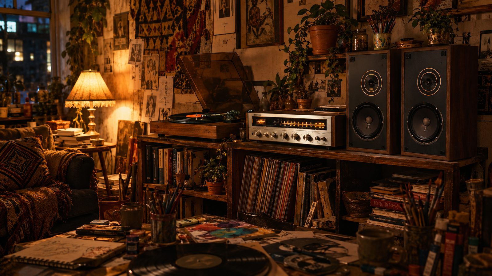 EPI 100 speakers and Fisher receiver in bohemian apartment from Orphan Black