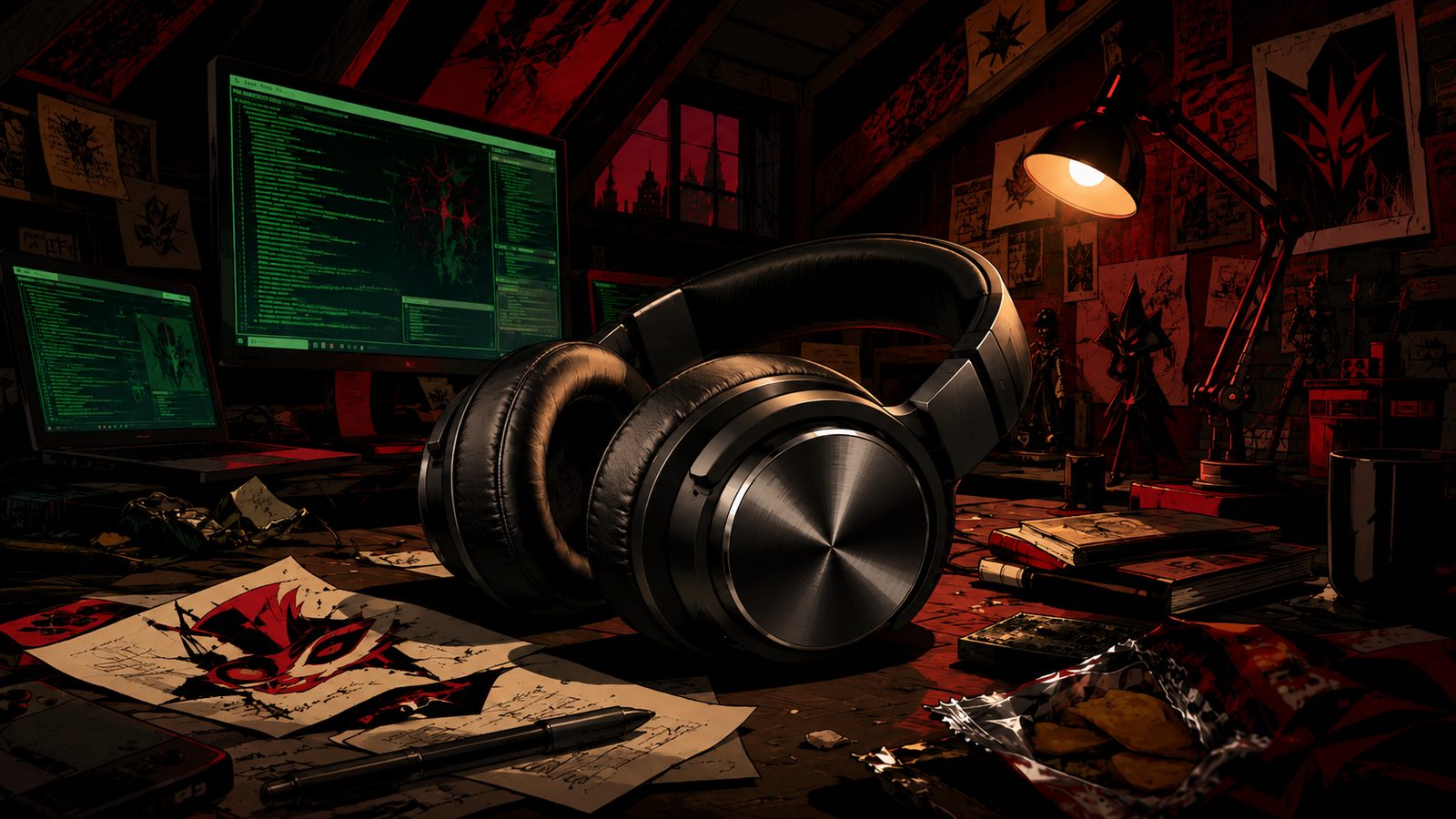 AKG K845BT wireless headphones on a cluttered desk in a hacker attic bedroom with green-glowing monitors