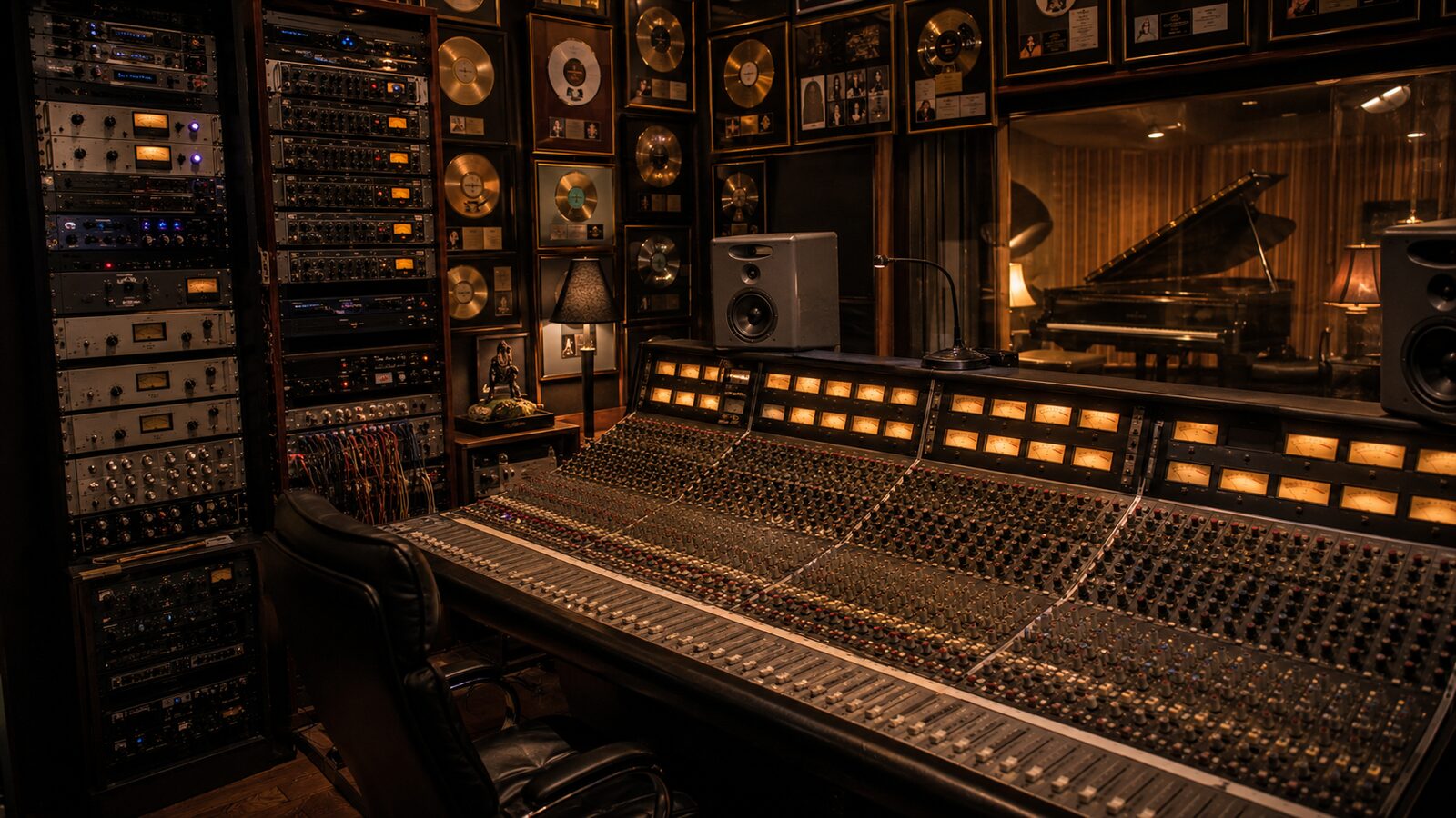 Legendary producer's home studio with SSL console, outboard racks, and gold records covering the walls