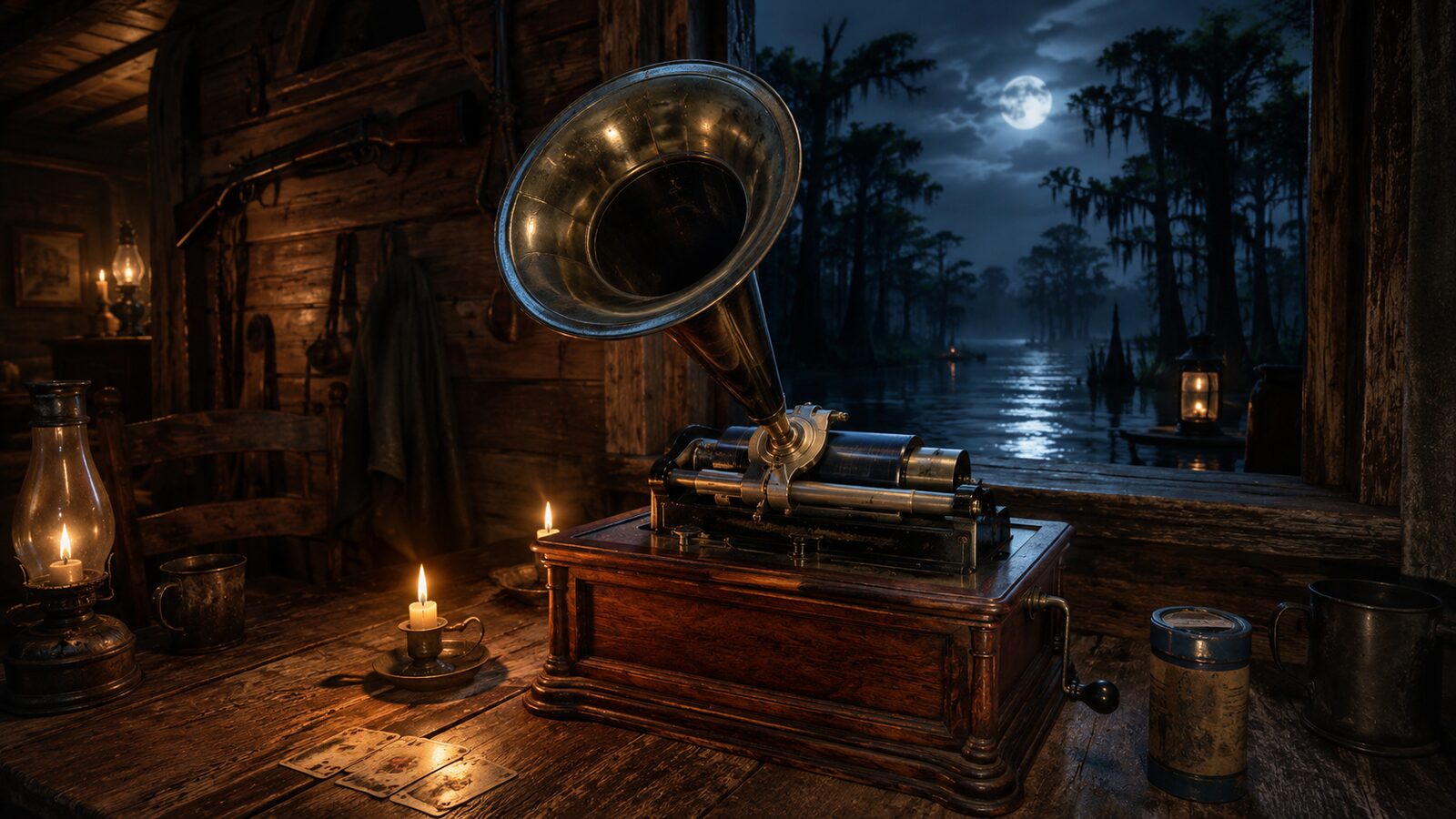 Columbia Graphophone cylinder phonograph with brass horn on a candlelit bayou houseboat table at night