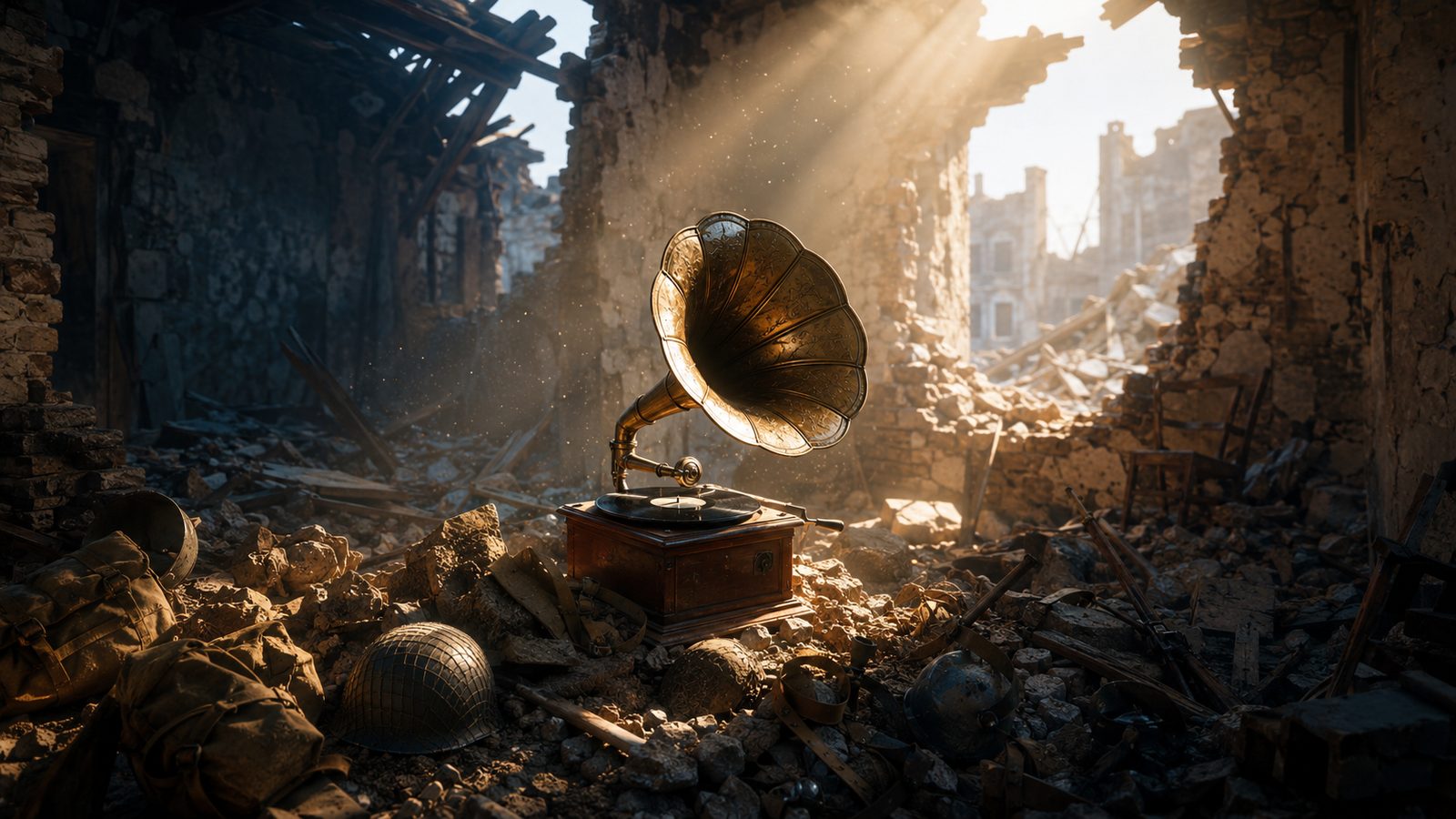 Gramophone in bombed-out building from Saving Private Ryan