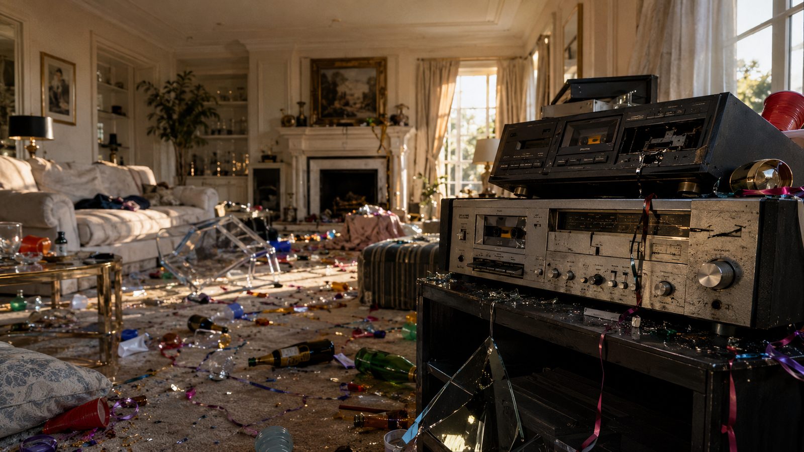 Trashed party with damaged Nakamichi Dragon cassette deck