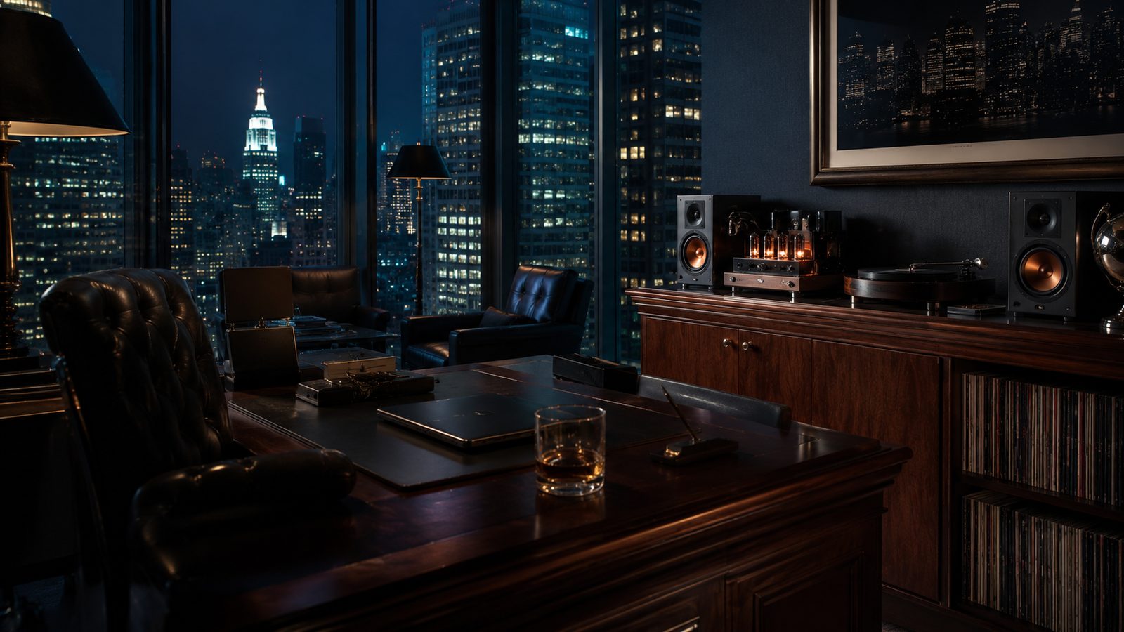 Manhattan law office with turntable, tube amp, and speakers behind a mahogany desk