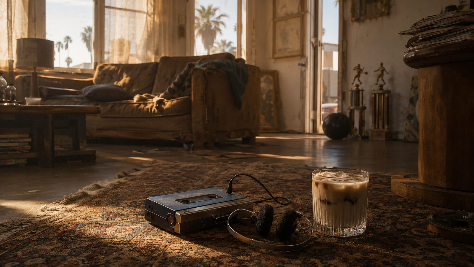 The Dude's Walkman and White Russian on the rug