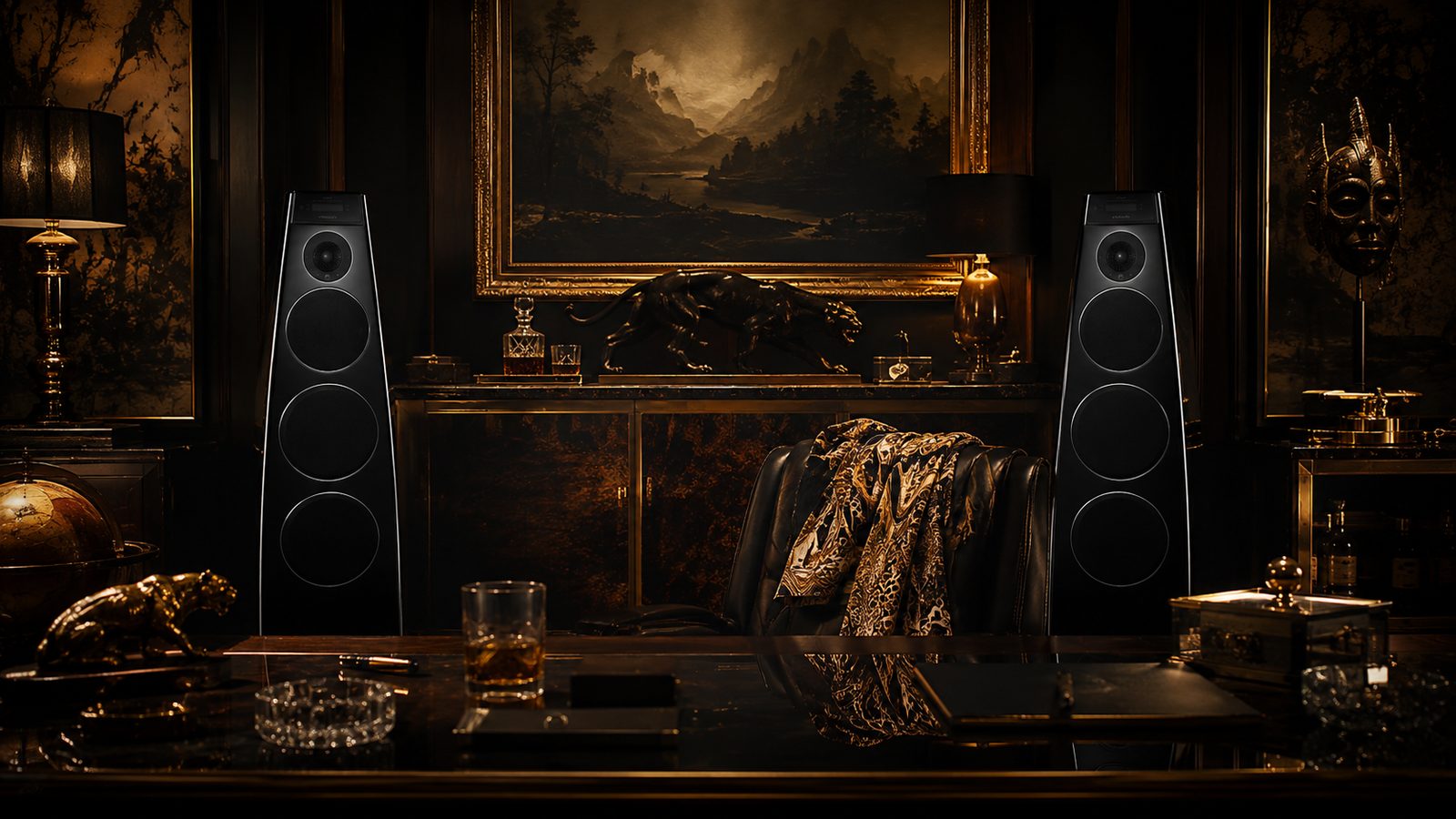 Meridian DSP7200 speakers in opulent office from The Counselor