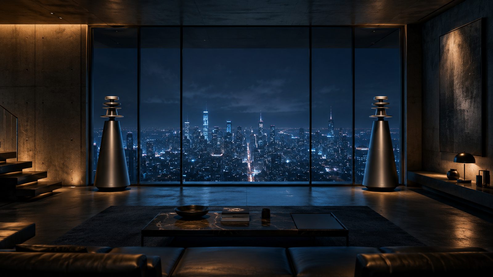 Bang and Olufsen Beolab 5 speakers in Bruce Wayne's penthouse