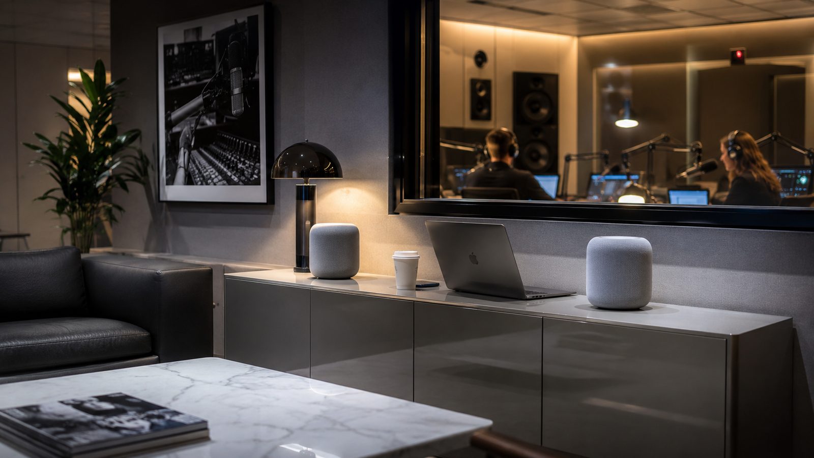 Apple HomePods and broadcast studio from The Morning Show