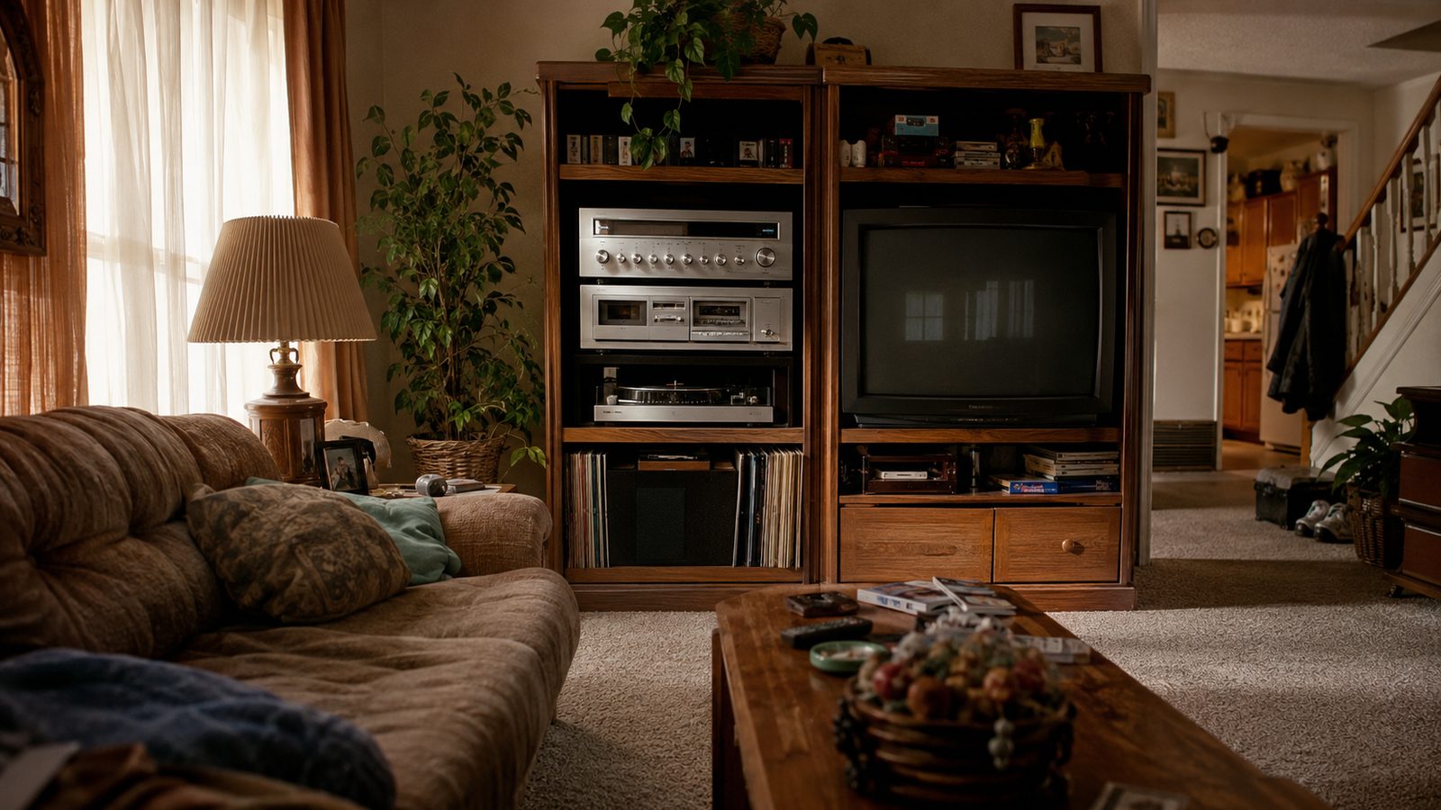 Realistic middle-class living room with a Pioneer component stereo system