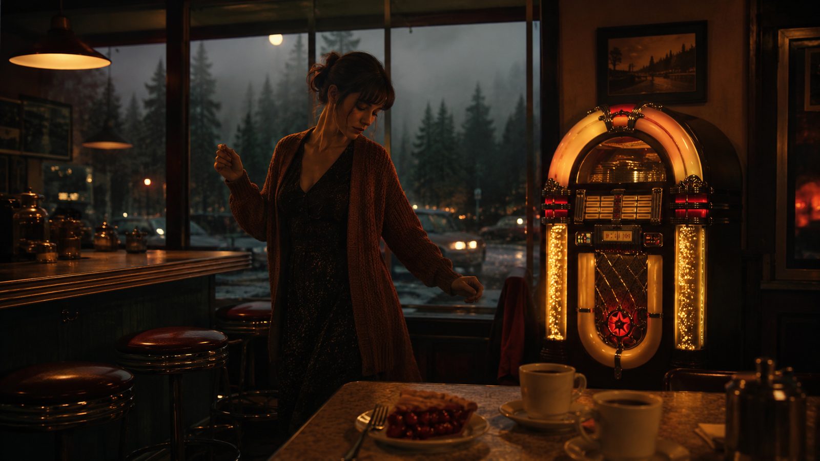 Wurlitzer jukebox in small-town diner from Twin Peaks