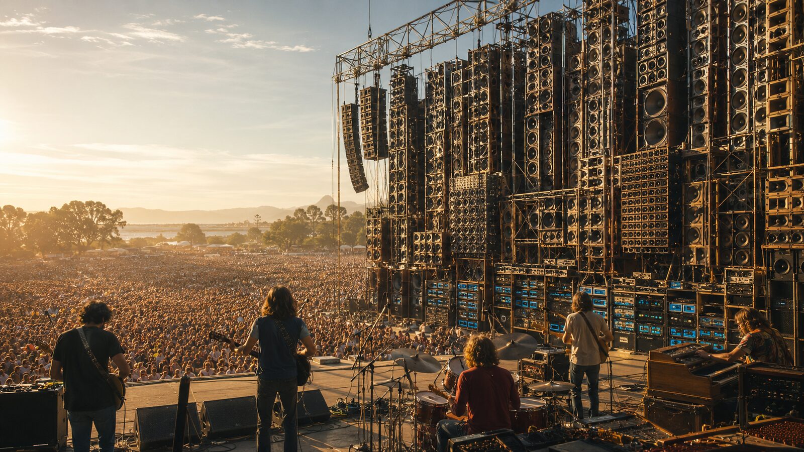 Massive wall of speakers behind a concert stage at sunset