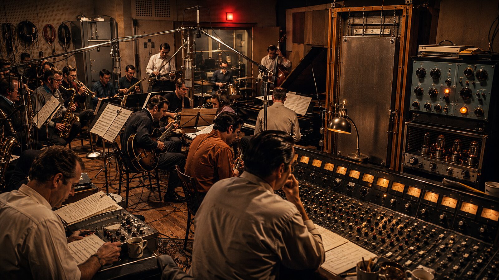 Crowded 1960s Los Angeles recording studio with session musicians, ribbon microphones, and vintage console