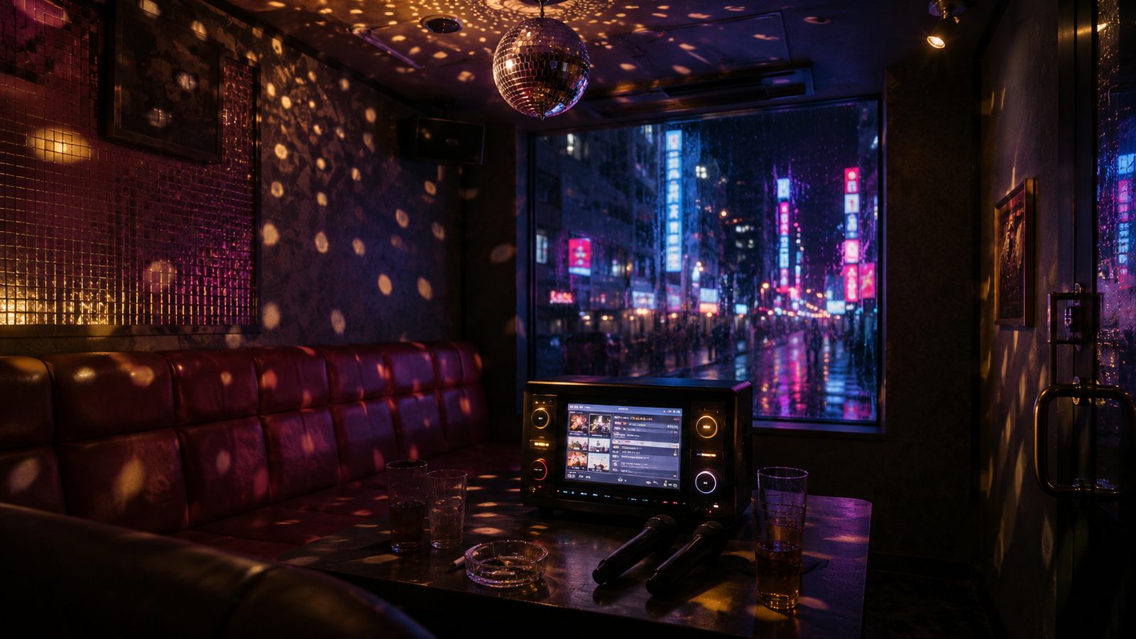 JOYSOUND karaoke machine with wireless microphones in a neon-lit private booth with rain-soaked Japanese street visible through window